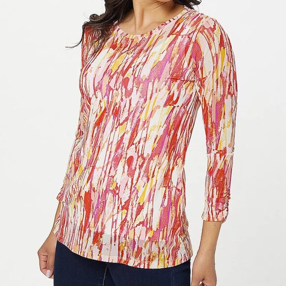 LOGO Layers by Lori Goldstein Printed 3/4-Sleeve Sheer Mesh Top  13800 - Picture 1 of 1